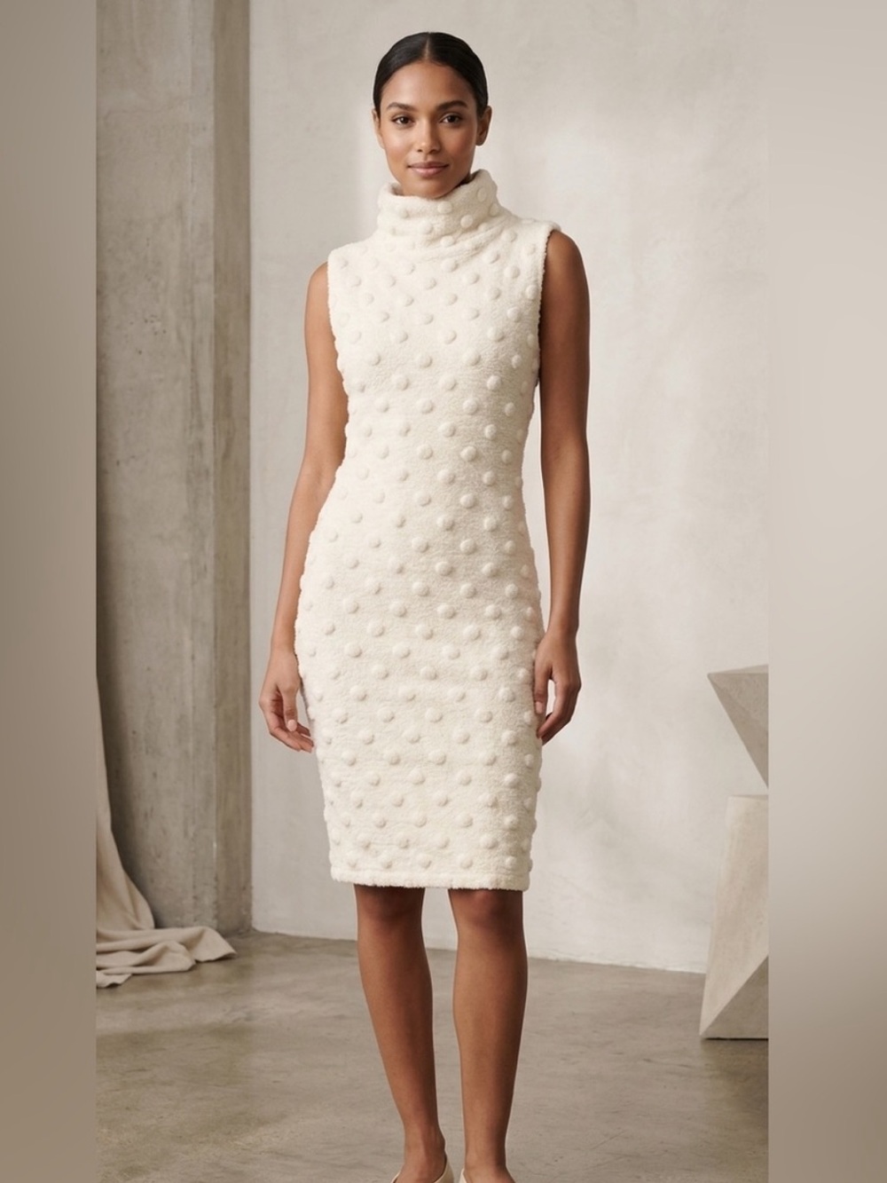 NATALIA ROMANO Cream Raised Bobble Wool Blend Bodycon Dress Size Small
